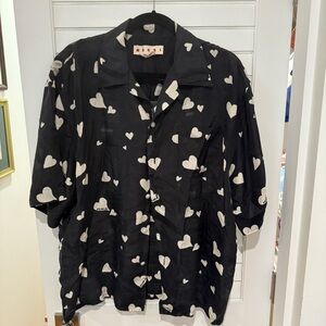 Marni Bunch Of Hearts Mens Silk Shirt Sz 52 IT / XL / 42 Black Short Sleeves
